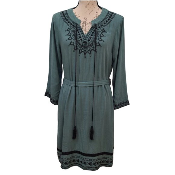 Women's Tunic Dress Green & Black Embroidered Tassel XL - Boho Witchy Peasant - Picture 1 of 8